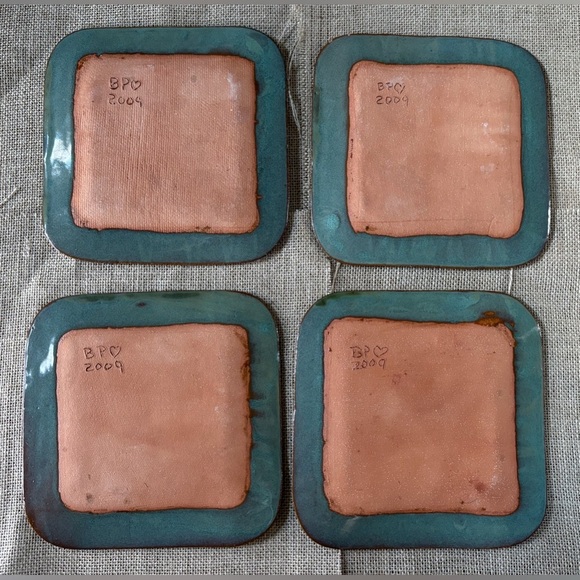 Sage Celadon Green Square Salad Plate Set Signed Art Pottery Cottage Goblin Core - Picture 8 of 9